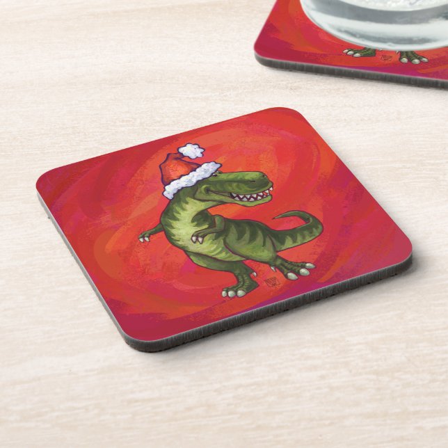 Posavasos TRex Dino en Santa Hat en Red (Lado Izquierdo)