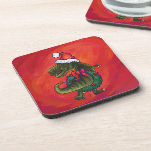 Posavasos TRex Dino en Santa Hat en Red