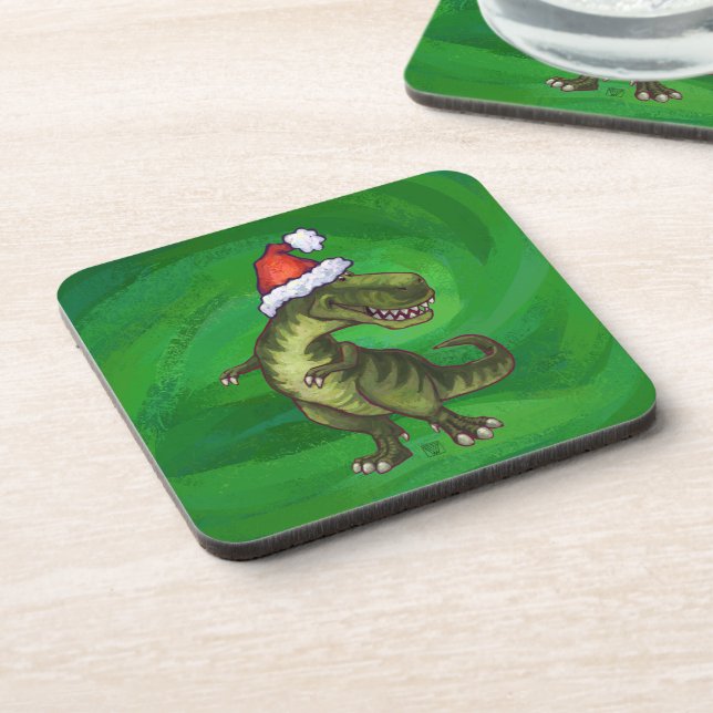 Posavasos TRex en Santa Hat en Green (Lado Izquierdo)