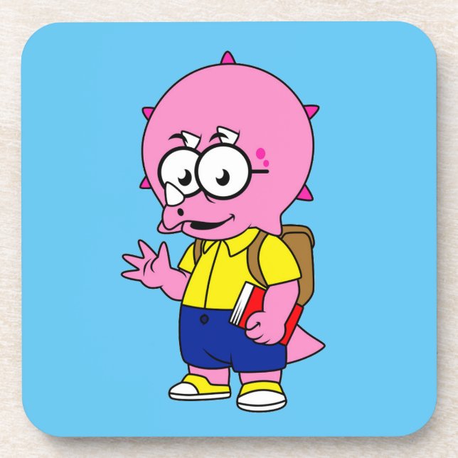 Posavasos Triceratops Con Mochila Y Libro De Texto. (Frente)