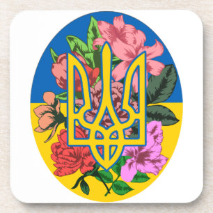 Posavasos Tridente ucraniano y bandera de Ucrania con flores