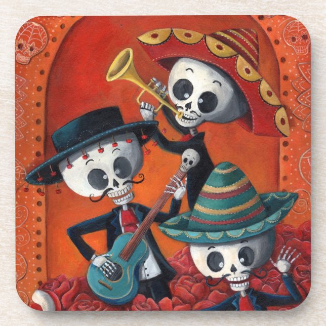 Posavasos Trío del Mariachi de Dia de Los Muertos Skeleton (Frente)
