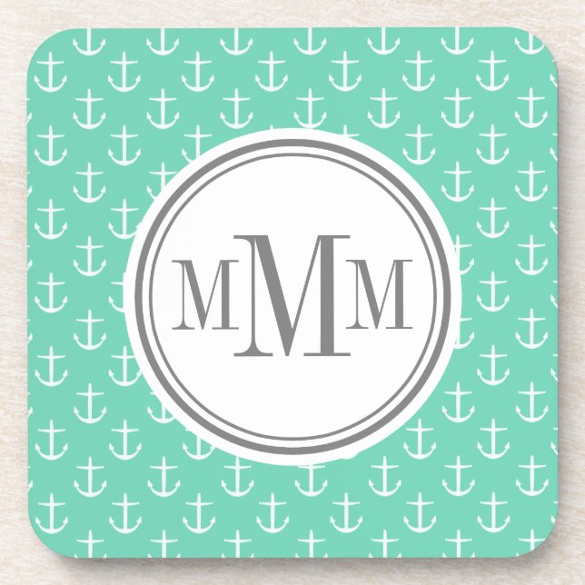 Posavasos Trío Monograma Mint Patrón de anclaje blanco (Frente)