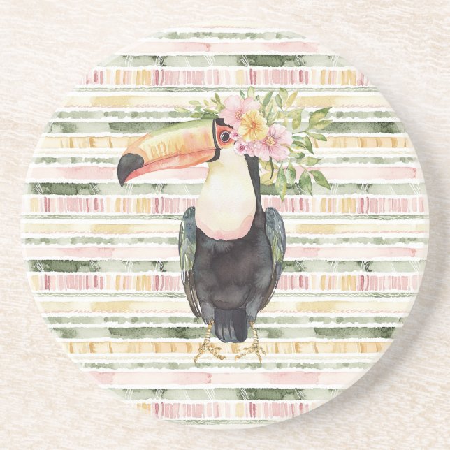 Posavasos Tucán Pájaro Rosado Verde Rayas (Frente)