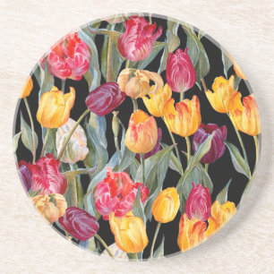 Posavasos Tulipanes coloridos, fondo negro aislado.
