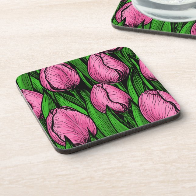 Posavasos Tulipanes rosados con hojas verdes (Lado Izquierdo)