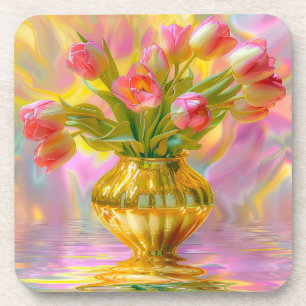 Posavasos Tulipanes rosados vibrantes en la caja dorada