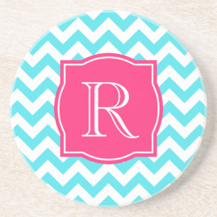 Posavasos Turquesa del zigzag y monograma de encargo rosado