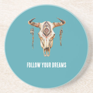Posavasos Turquoise Azul Nativo Tribal Bull Horn Skull