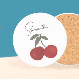 Posavasos Two Red Cherries Illustration | Cute Fruit Art 