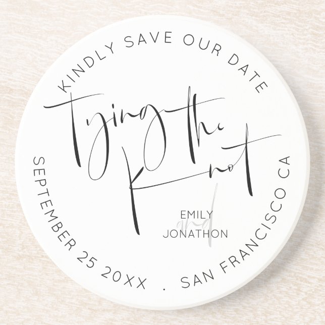 Posavasos Tying the Knot Script Black White Save The Date (Frente)