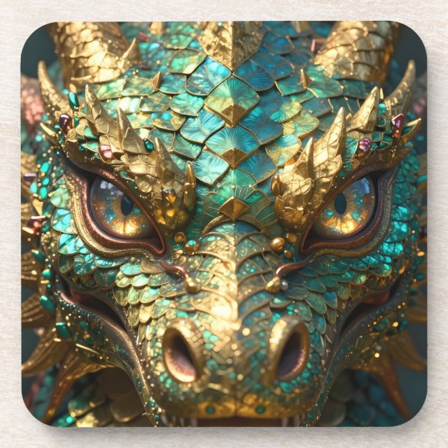Posavasos Un dragón místico turquesa y dorado (Frente)