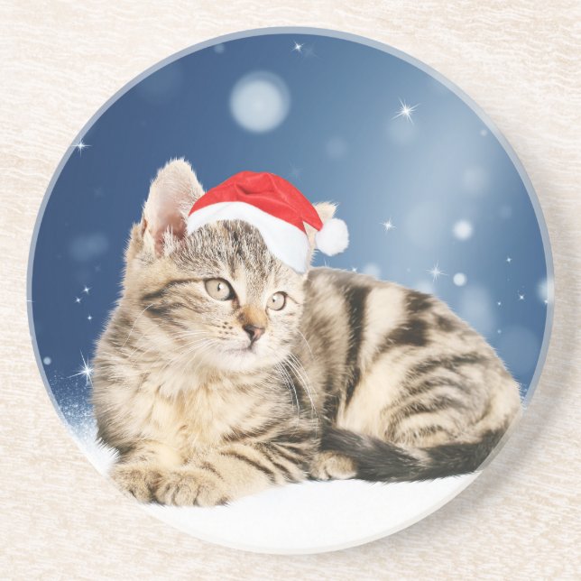 Posavasos Un gato lindo vestido con Navidades de sombrero ro (Frente)