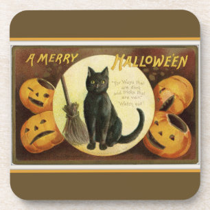 Posavasos Un gato negro y calabazas marrones de Feliz Hallow