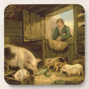 Posavasos Un muchacho que mira en una pocilga de cerdo, 1794
