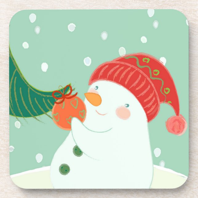 Posavasos Un muñeco de nieve que cuelga un ornamento en un (Frente)
