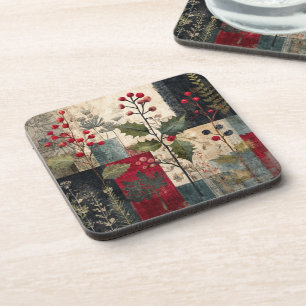 Posavasos Un rustico patchwork invernal de bayas de acebo