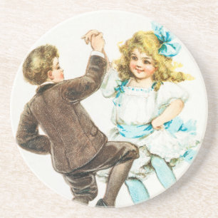 Posavasos Una Feliz Navidad - tarjeta antigua, niños bailand