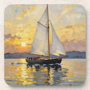 Posavasos Una ilustración en impasto de un velero al atardec