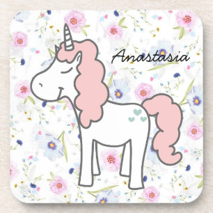 Posavasos Unicornio rosa dulce, flores y tu nombre