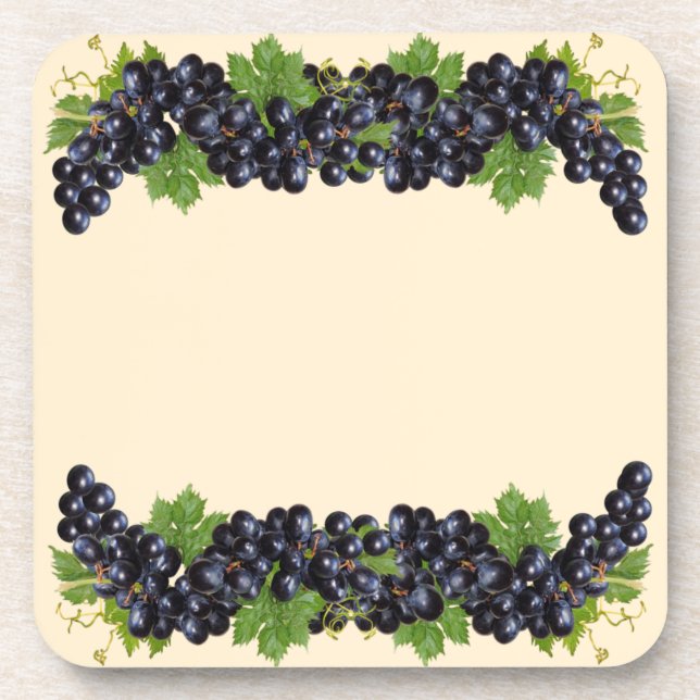 Posavasos Uvas moradas azules con hojas verdes en beige (Frente)