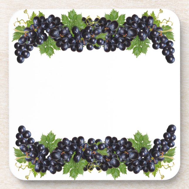 Posavasos Uvas moradas azules con hojas verdes sobre blanco (Frente)