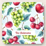 Posavasos Uvas verdes de frutos rojos color de agua cereza<br><div class="desc">Papelera de bebidas de patrón de cerezo de uvas de frutos rojos verdes,  utilice personalizar esta opción de plantilla para cambiar el texto</div>