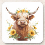 Posavasos Vaca Highland con la flor amarilla<br><div class="desc">bonito linda vaca de tierras altas, corona de flores de girasol amarilla, girasoles en la cabeza de cuernos, flores y cuernos de toro, ilustracion de pintura artística acuarela, hermoso rancho de ganado escocés, campo de prado natural silvestre, ambiente de primavera de granja de verano, agricultor de vaqueros, adorable dulce brillante...</div>
