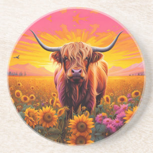 Posavasos Vaca Highland en girasoles al amanecer