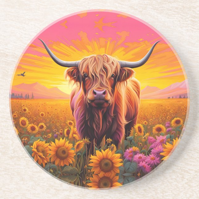 Posavasos Vaca Highland en girasoles al amanecer (Frente)