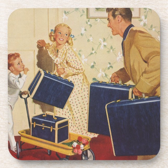 Posavasos Vacaciones familiares, papá, niños y maletas (Frente)