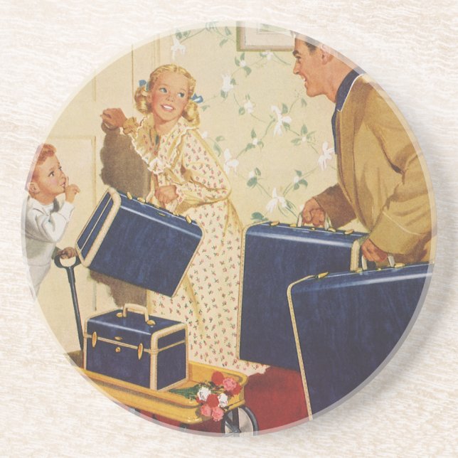 Posavasos Vacaciones familiares, papá, niños y maletas (Frente)