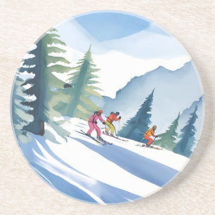 Posavasos Vamos a Esquiar Pintura Acuarela de Invierno