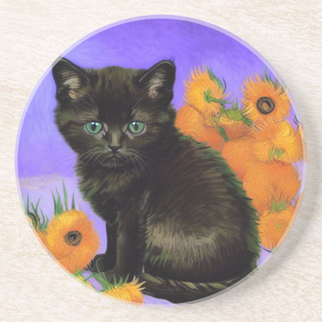 Posavasos Van Gogh Black Kitten con girasoles (Frente)