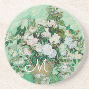 Posavasos Van Gogh Vase con rosas rosadas Monograma de arte 