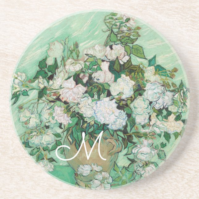 Posavasos Van Gogh Vase con rosas rosadas Monograma de arte  (Frente)