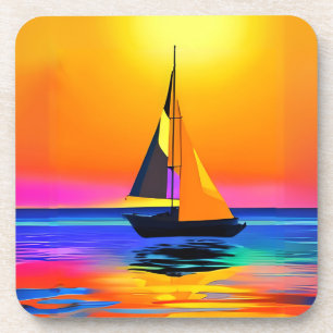 Posavasos Velero contra un vibrante atardecer en el océano