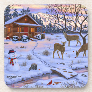 Posavasos Venado De Cabina De Invierno En Escena De Navidade