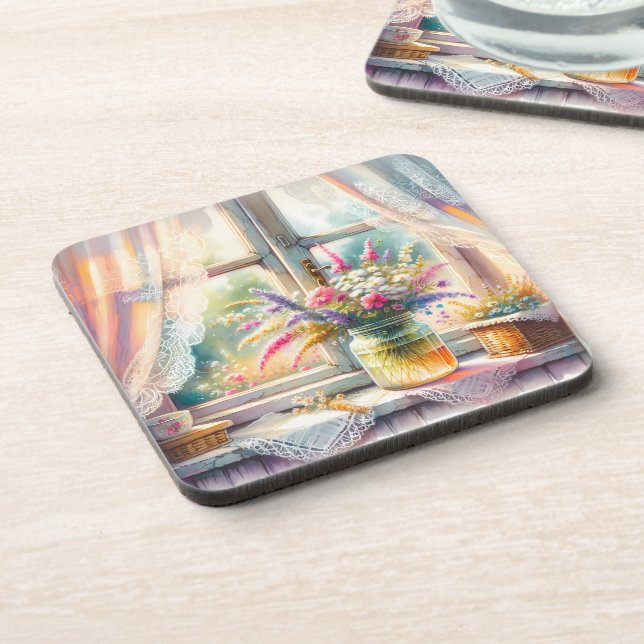 Posavasos Ventana de cabaña soleada con flores silvestres (Lado Izquierdo)
