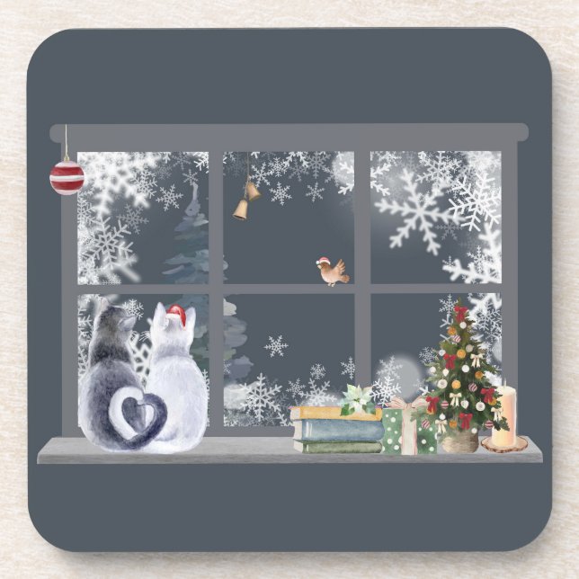 Posavasos Ventana Gatos en Navidades (Frente)