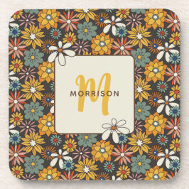 Posavasos Verde azulado retro floral marrón oro