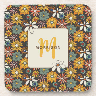 Posavasos Verde azulado retro floral marrón oro
