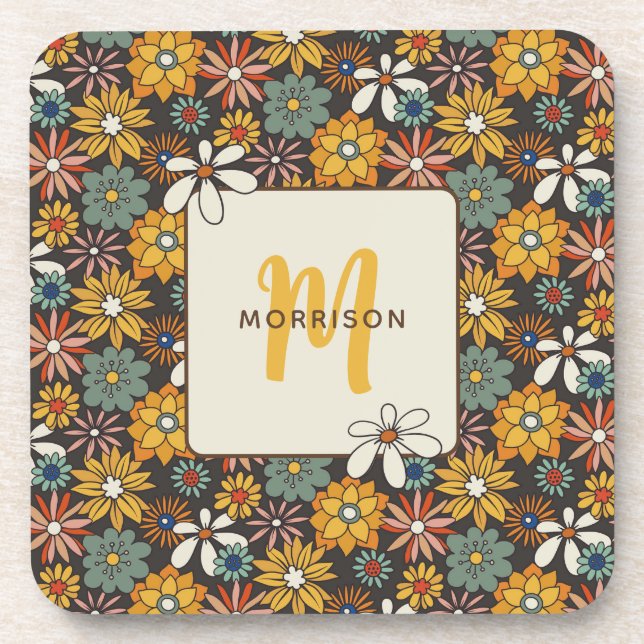 Posavasos Verde azulado retro floral marrón oro (Frente)