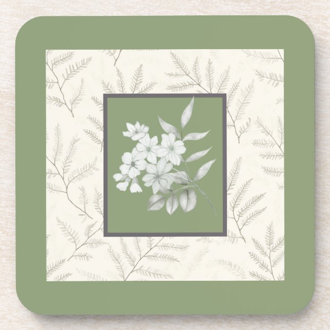 Posavasos Verde de oliva a la moda con flores blancas (Frente)