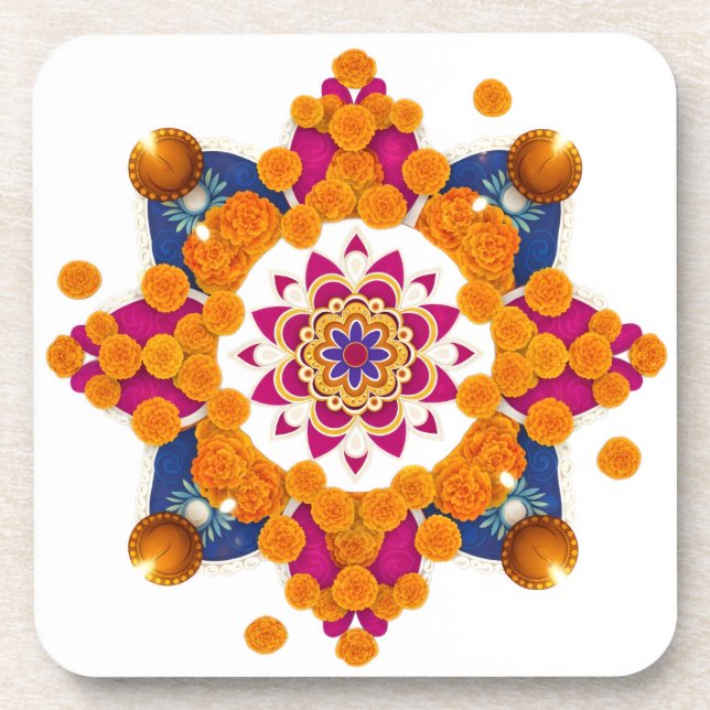 Posavasos Vibrant Diwali Rangoli Hard Plastic Coaster Set (Frente)