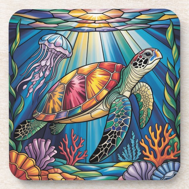 Posavasos Vibrant Stained Glass Sea Turtle Ocean Design (Frente)
