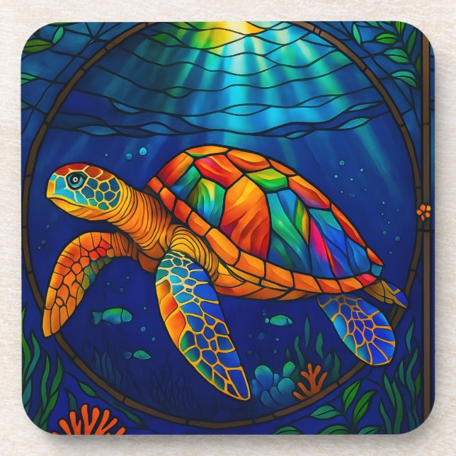 Posavasos Vibrant Stained Glass Sea Turtle Ocean Design (Frente)