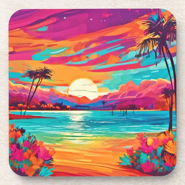Posavasos Vibrante atardecer tropical (Frente)
