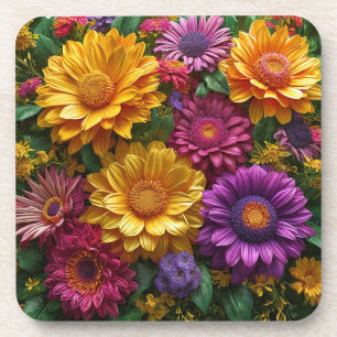 Posavasos Vibrante exhibición de flores amarillas y moradas