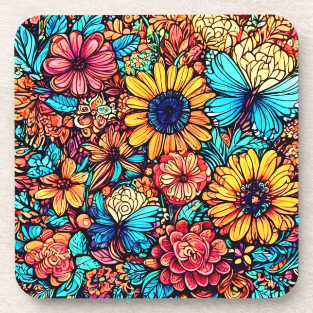 Posavasos Vibrante explosión de Doodle Floral (Frente)